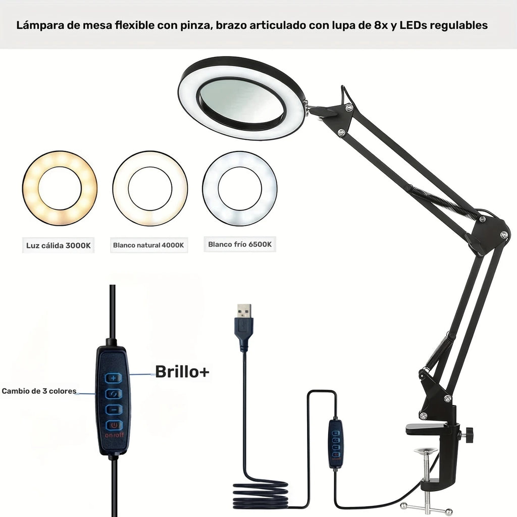 Lupa de Escritorio con Luz LED y Soporte Ajustable